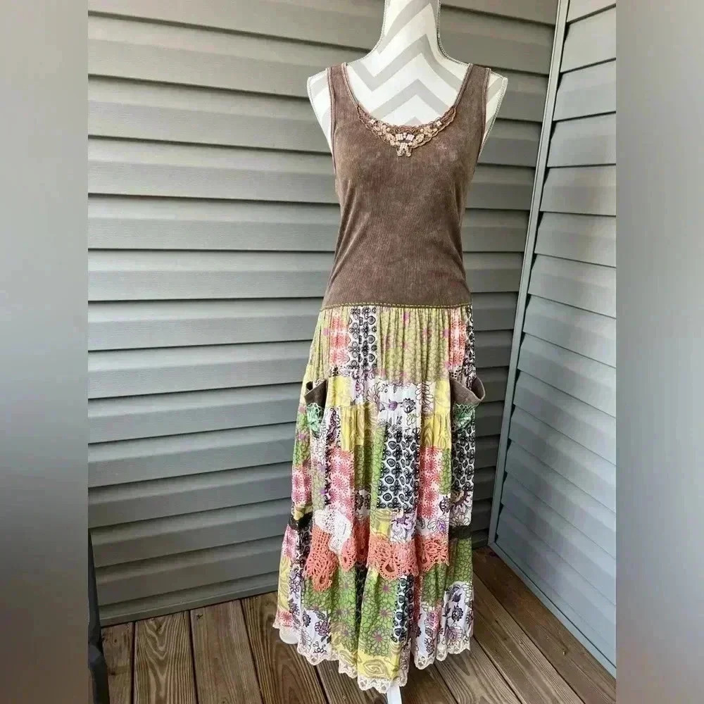 Vintage Hobo Hippie Bohemian Prairie Patchwork Ruffled Flared Maxi Dress Sz S